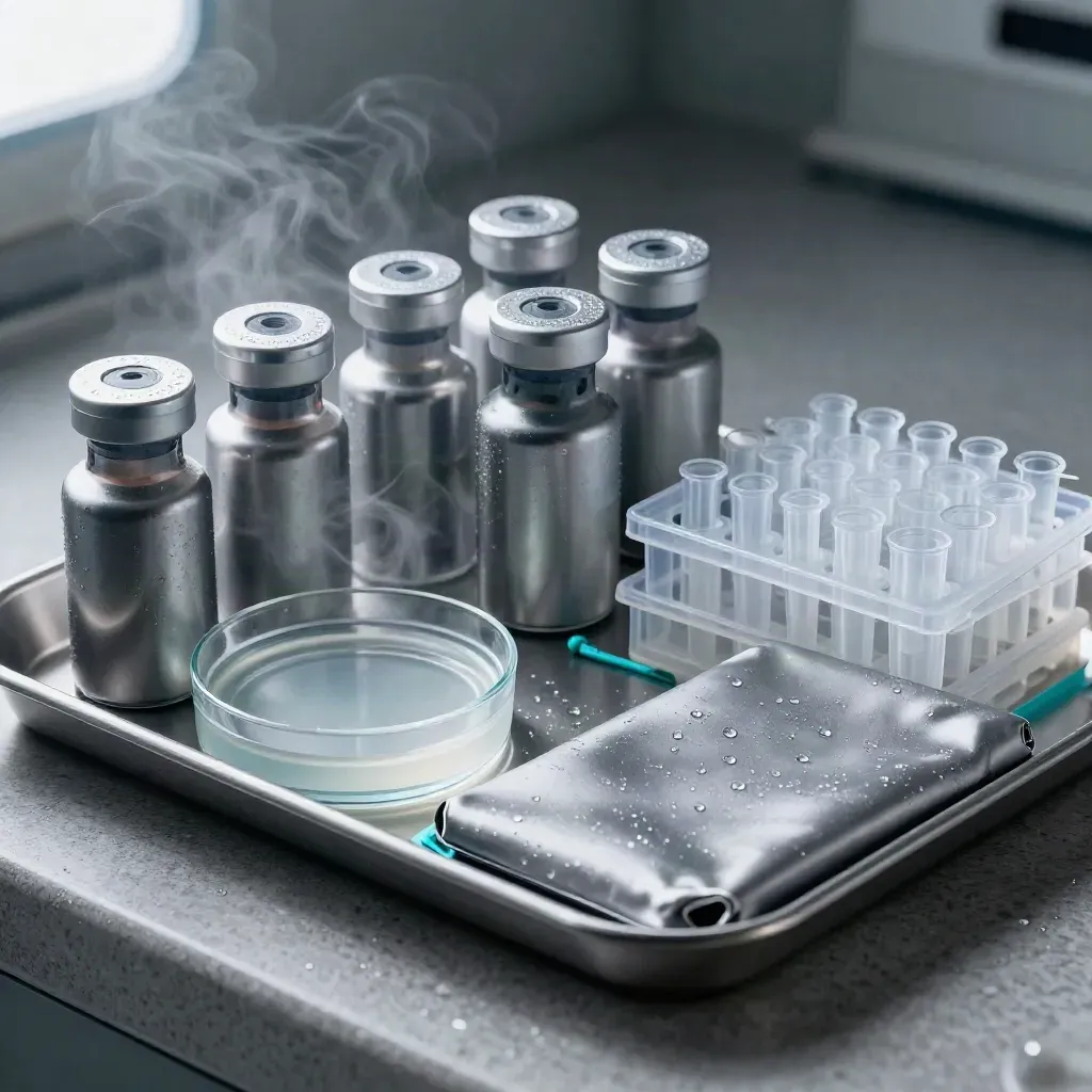 Matte vials, frosted petri dish and tip racks on brushed stone in cool vapour