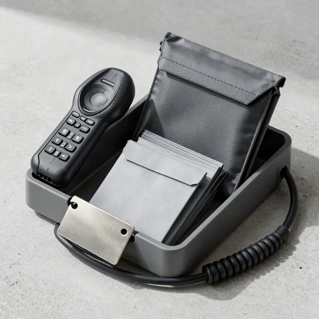 Flat lay of scanner cradle, parcel tags, cable and courier pouches on concrete