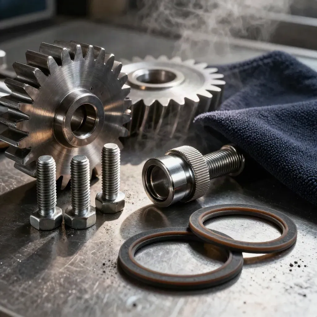 Machined gear blank with bolts, coupling sleeve and gaskets on brushed metal