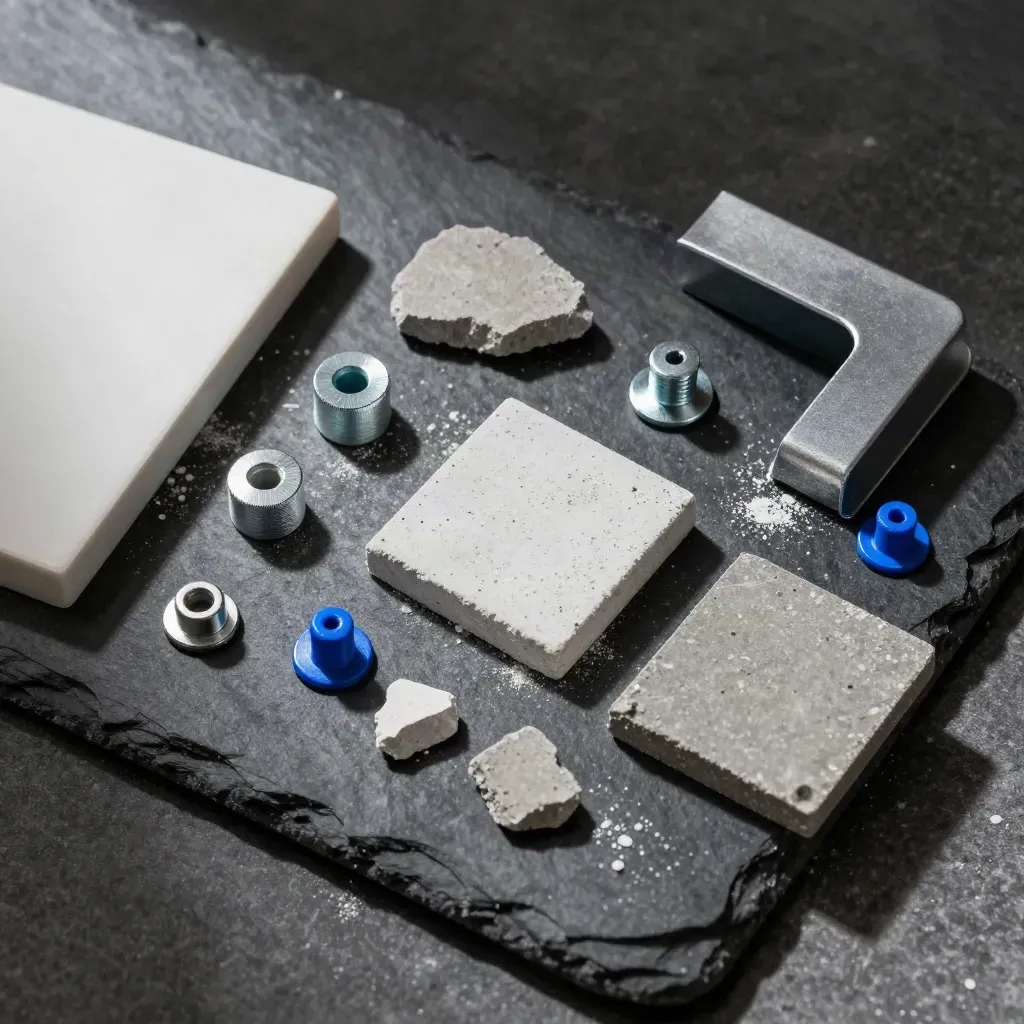 Concrete chips and steel fasteners on slate, lit from upper left