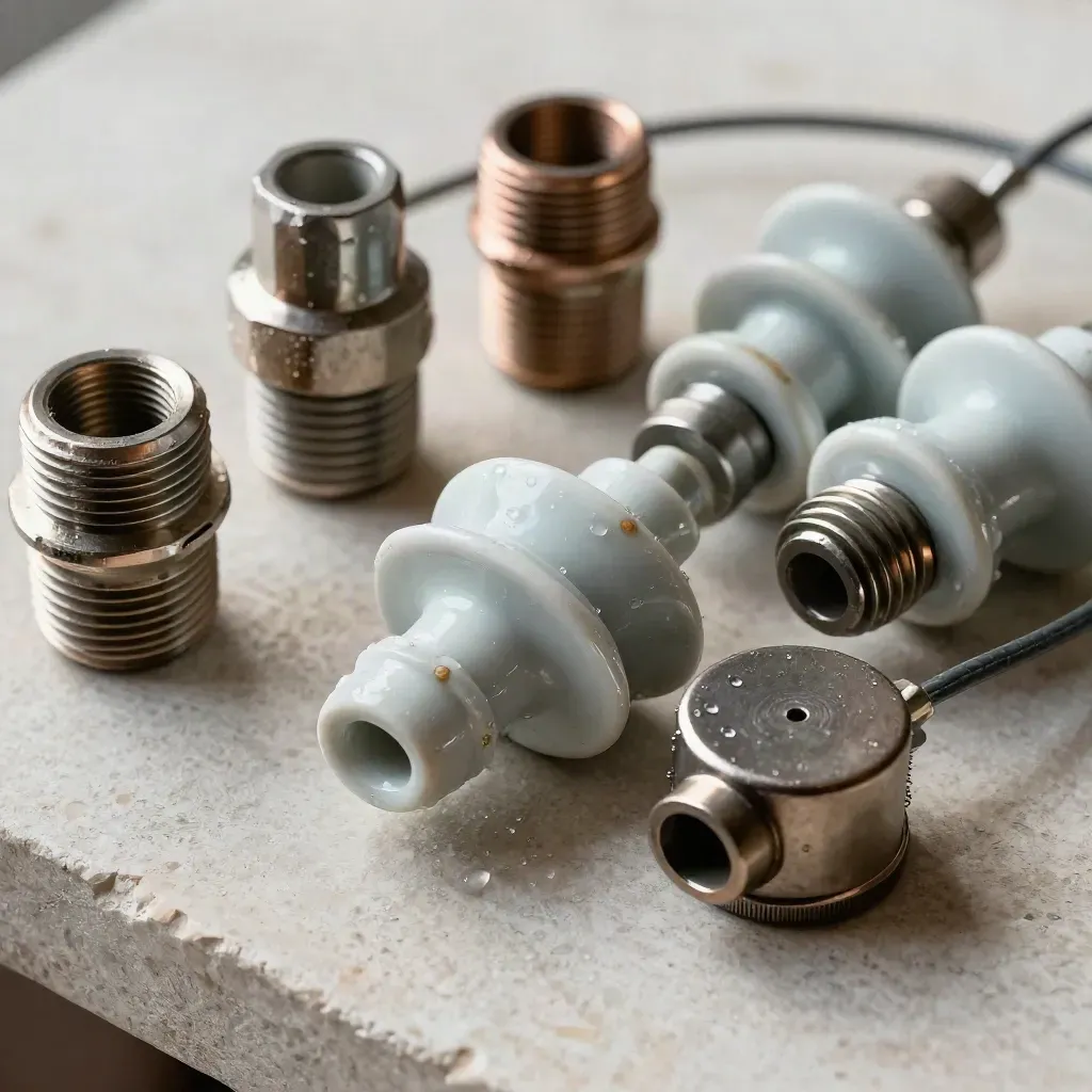 Macro flat lay of ceramic insulators, cable glands, a junction cap, and braided earth wire on pale stone.
