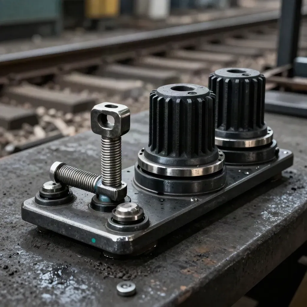 Rail maintenance parts glinting on blackened steel with teal accent in dramatic side light.