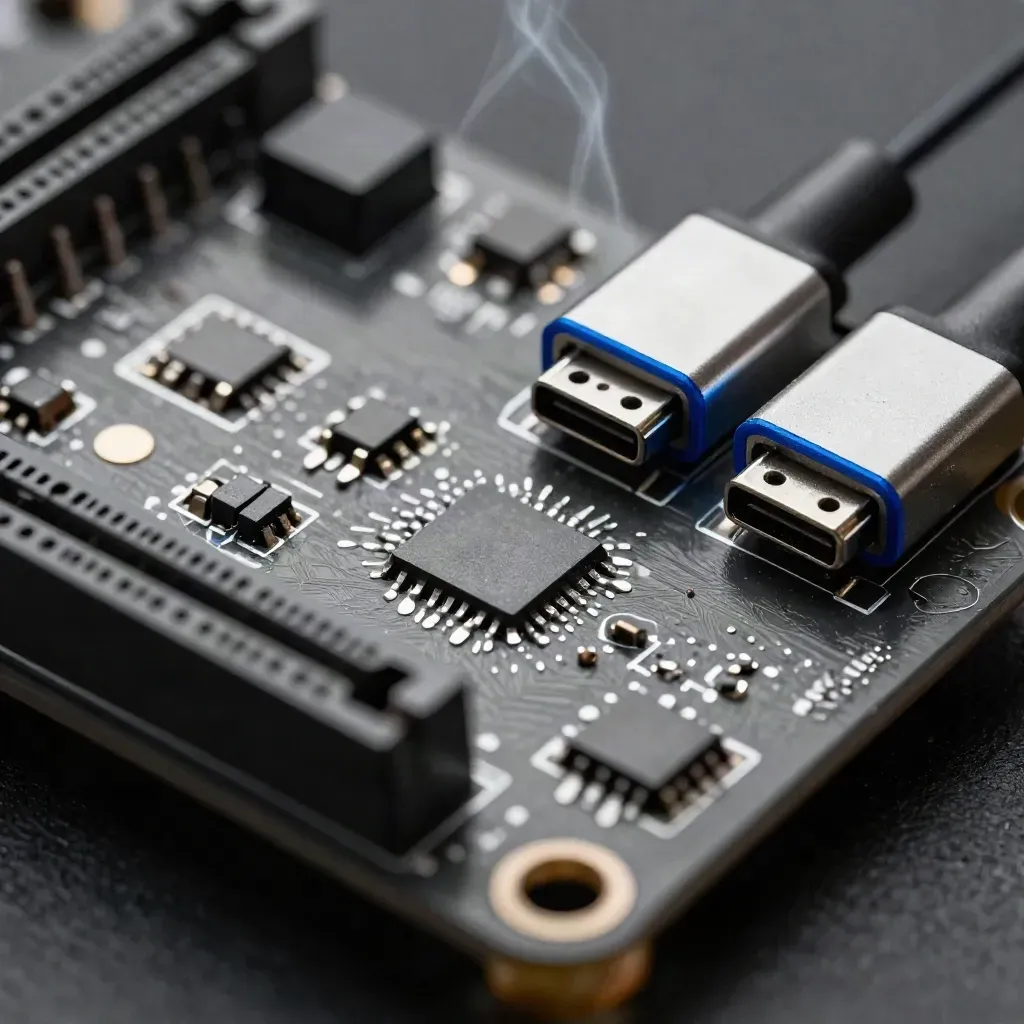 Top-down macro of a dev board, enclosure shell, and USB-C adapters on graphite.