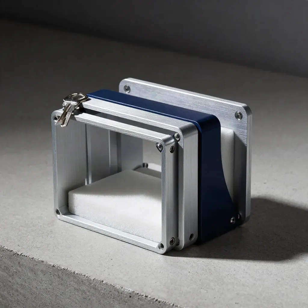 Aluminium prototype chassis with spare side plates and foam spacers on pale concrete, lit dramatically.