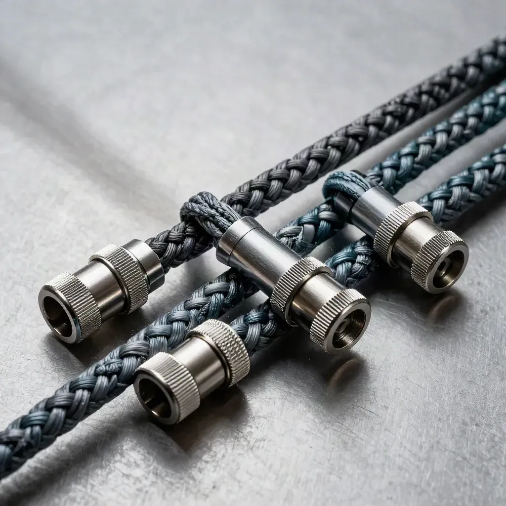Braided patch leads, couplers, and cable glands interlocked on brushed metal in side-lit macro.
