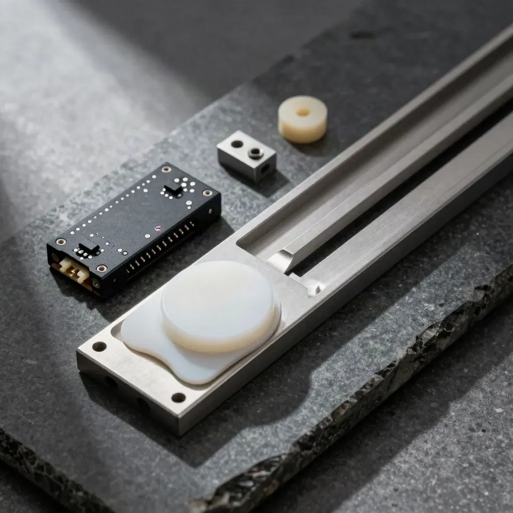 Top-down macro of a relay module, sensor puck, and metal sorter tray on dark stone.