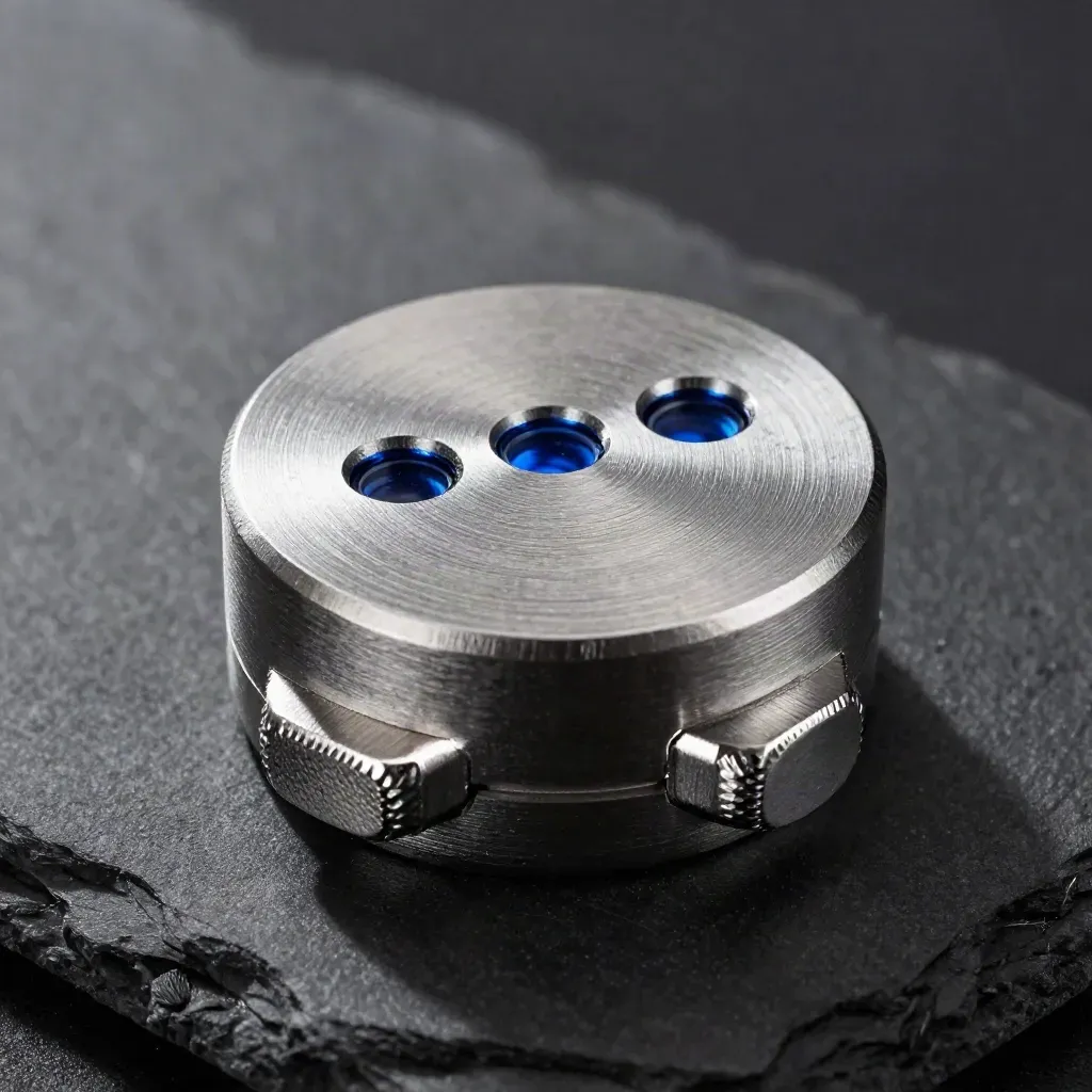 Macro of an aluminium control puck with toggle blocks on charcoal slate under raking light.