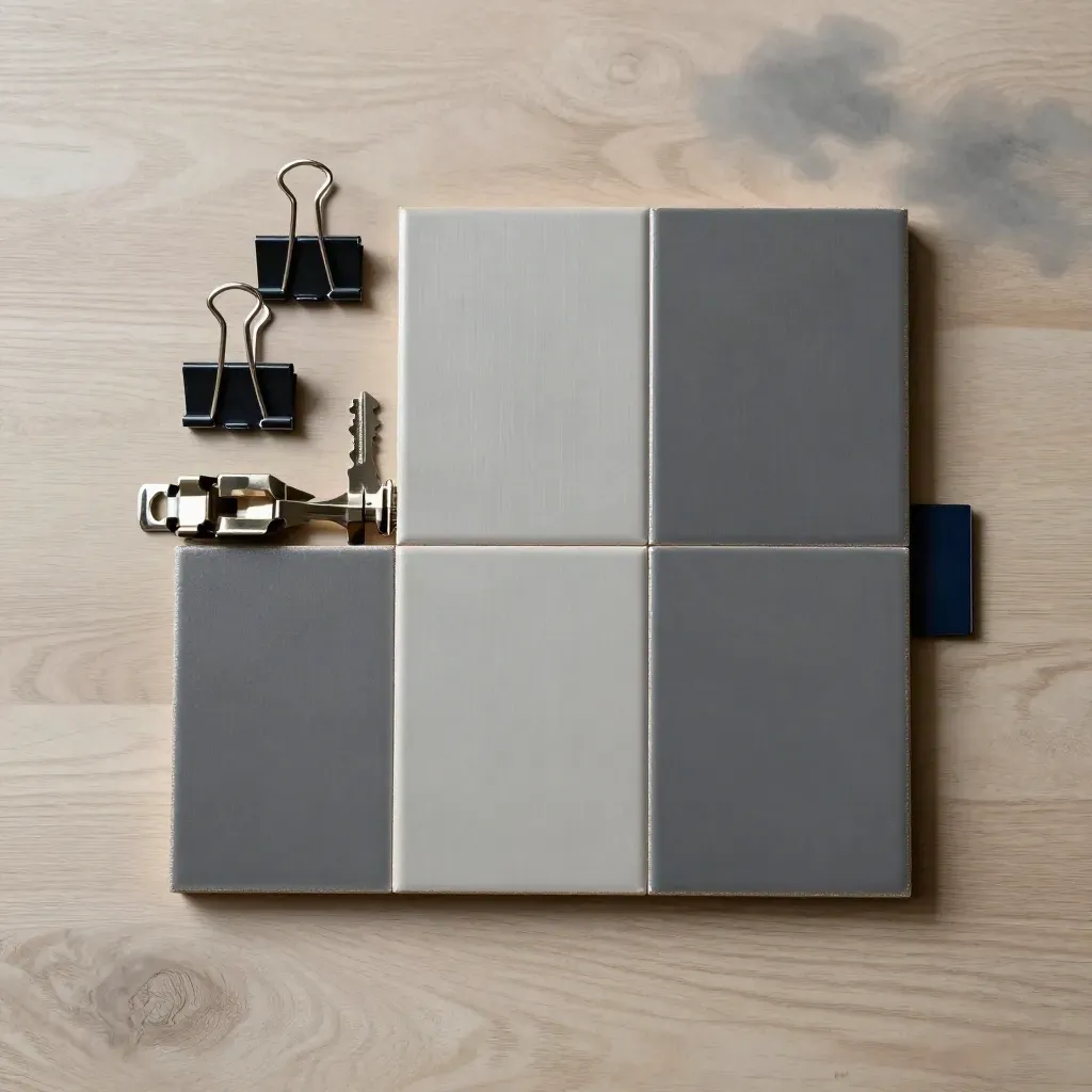 Top-down still life of planning tiles, binder clips and a folded hinge on pale wood.