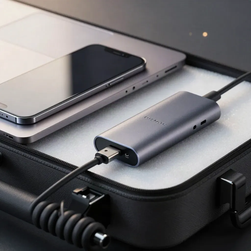 Closed laptop, face-down phone, prototype enclosure and USB-C hub framed by a blurred cable coil.