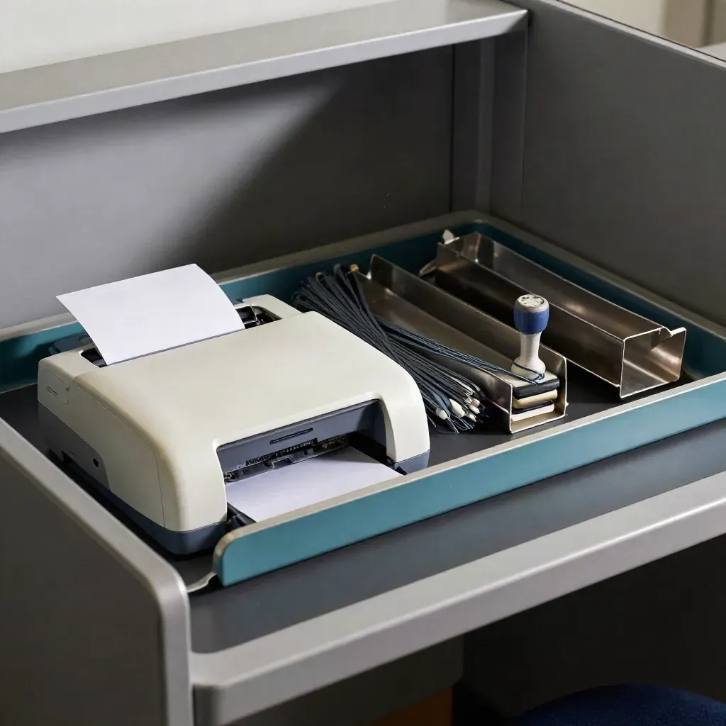 Label printer, cable ties, file trays and a stamp on a dark ops bench