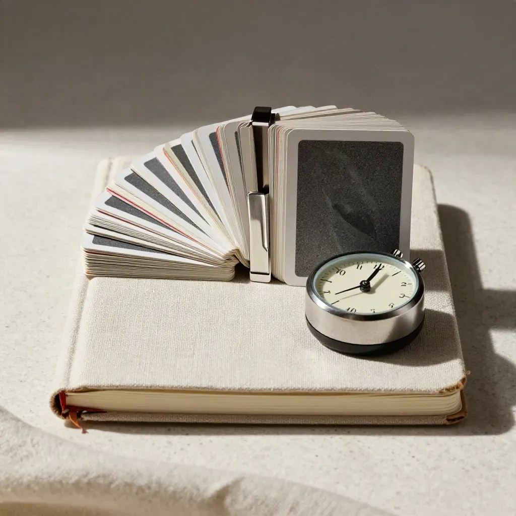 Closed strategy notebook, card deck, clips and desk timer on pale stone in dramatic studio light