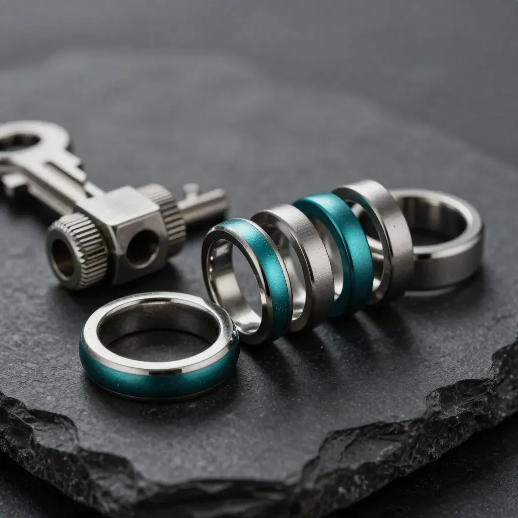 Macro still life of linked metal rings, a cable coupler, and adapter block on black stone