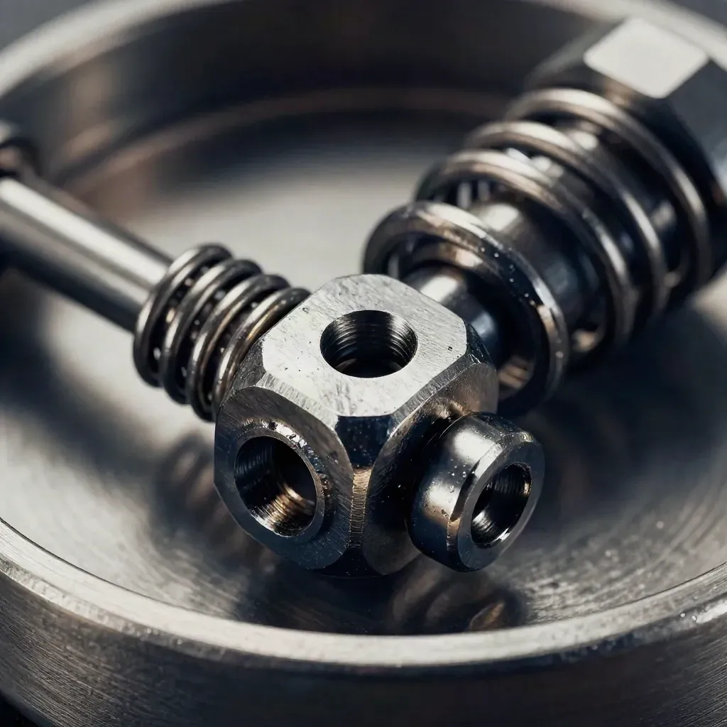 Macro of machined metal parts and a spring clip locked together on brushed steel.