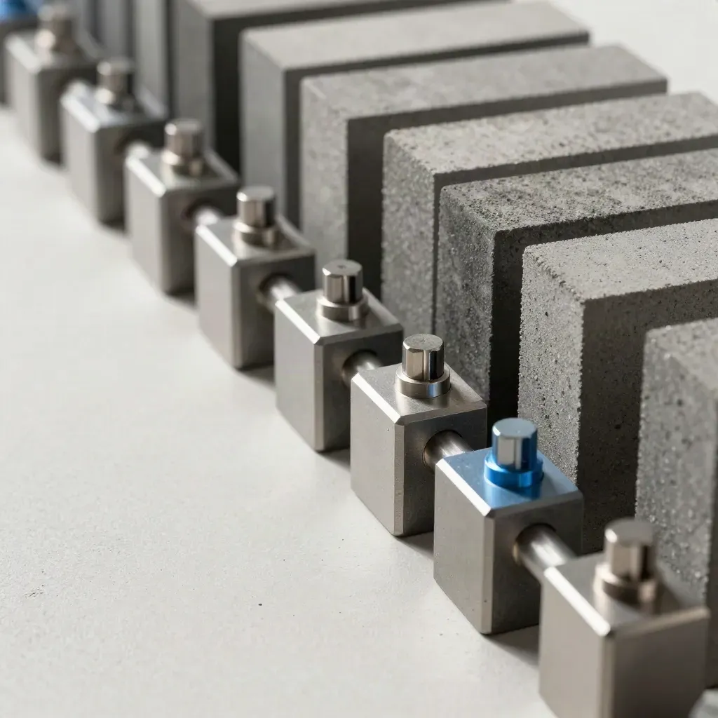 Graphite modular blocks and connector bar on pale concrete with a blue accent