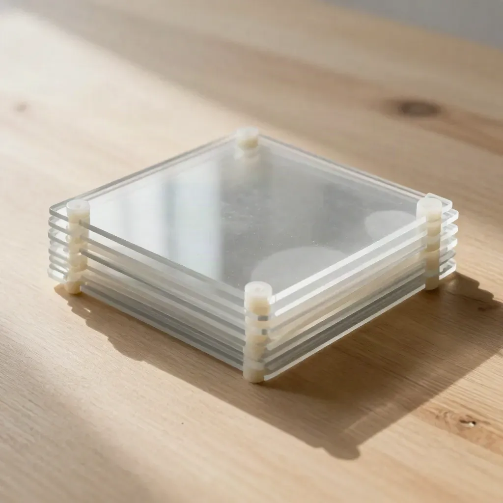 Acrylic plates and spacer posts on pale wood, top-down in soft daylight