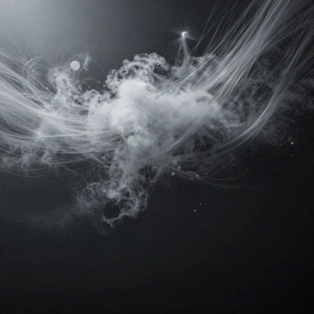 Silver filaments and motes converge into a soft white bloom in graphite space.